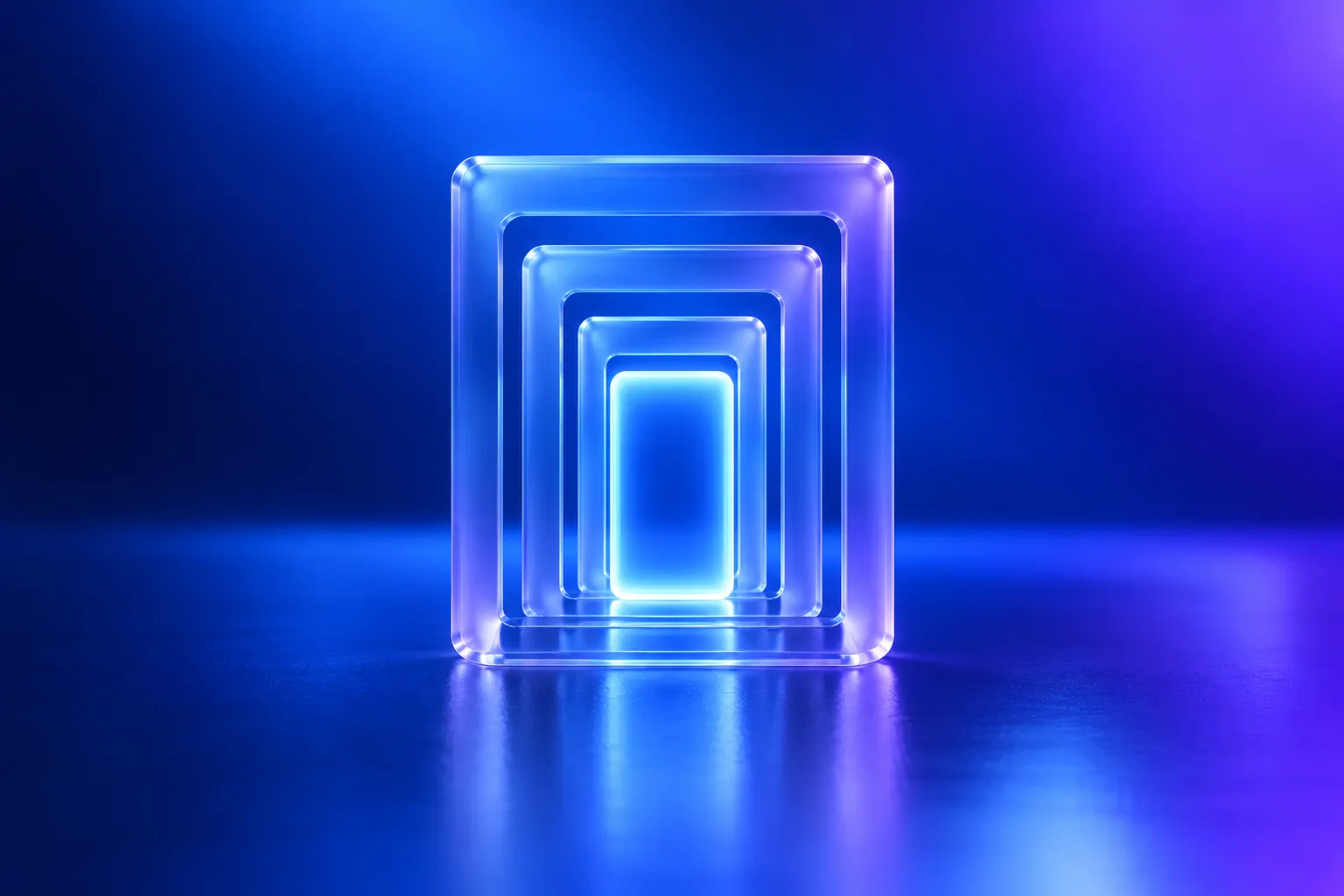 Nested glass frames receding in depth, the innermost one lit