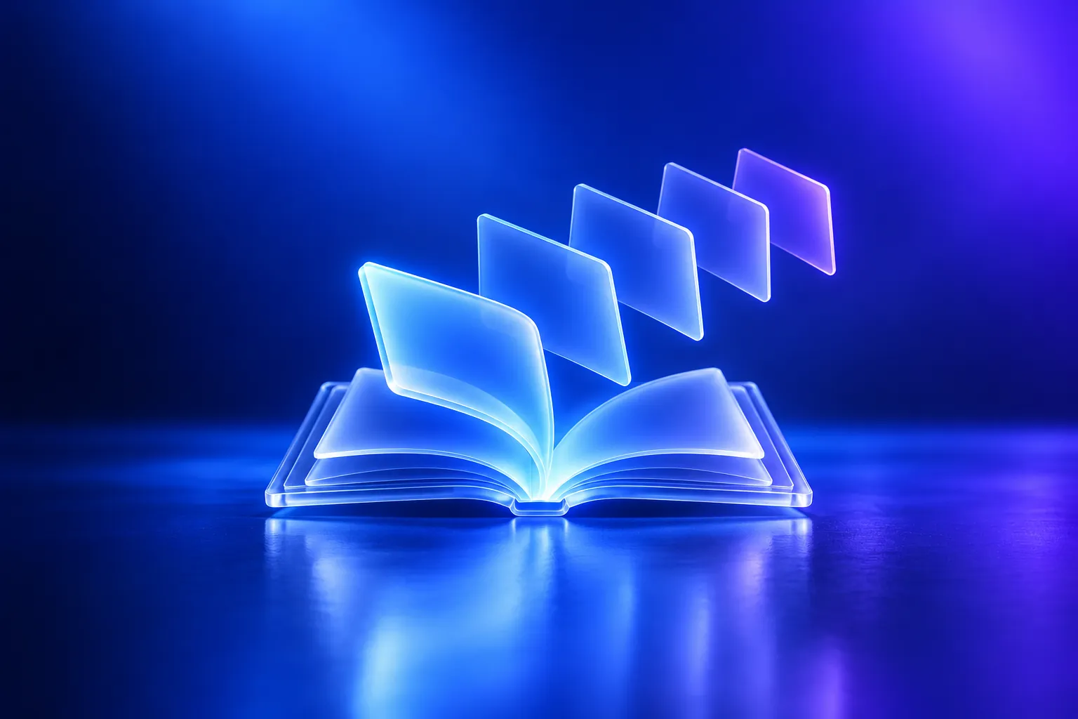An open glass book whose pages lift off into a row of glowing glass cards