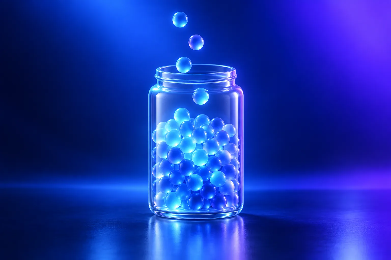 A glass jar filling with glowing blue spheres