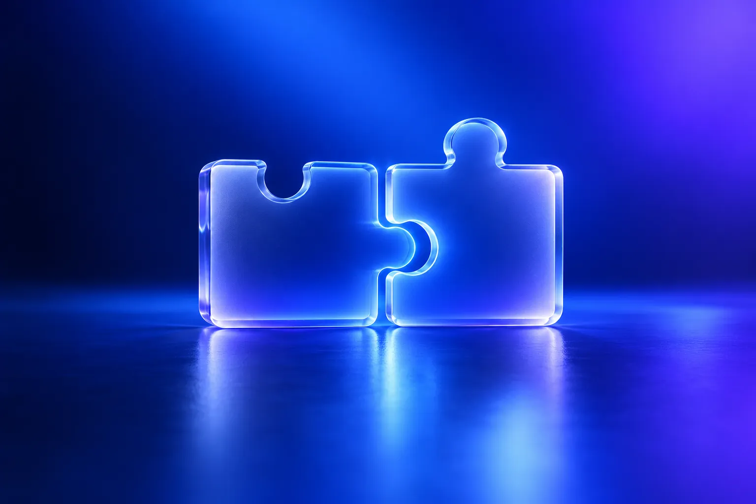 Two glass puzzle pieces almost joined, light at the seam