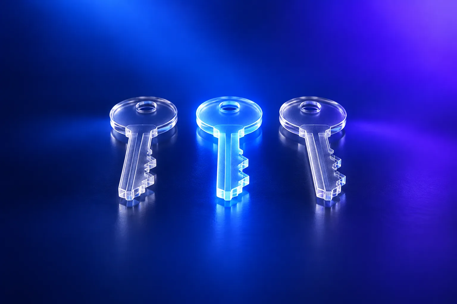 Three glass keys in a row, the middle one lit