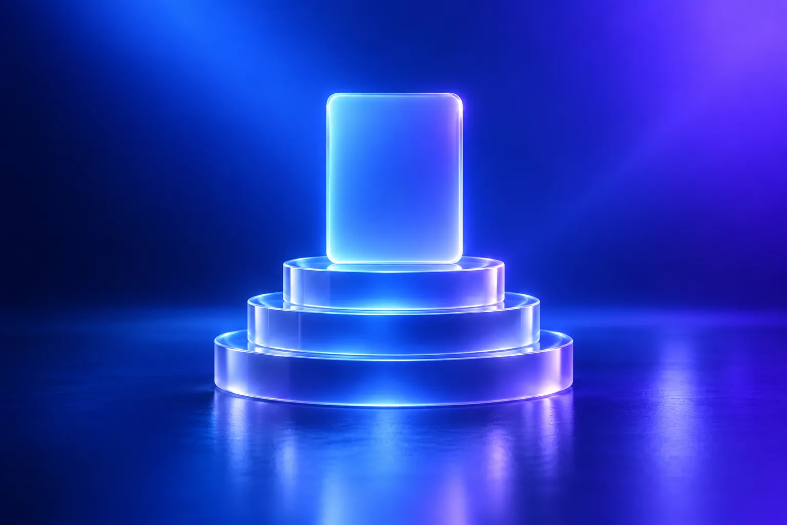 A three-tier glass podium with a lit card on the top step