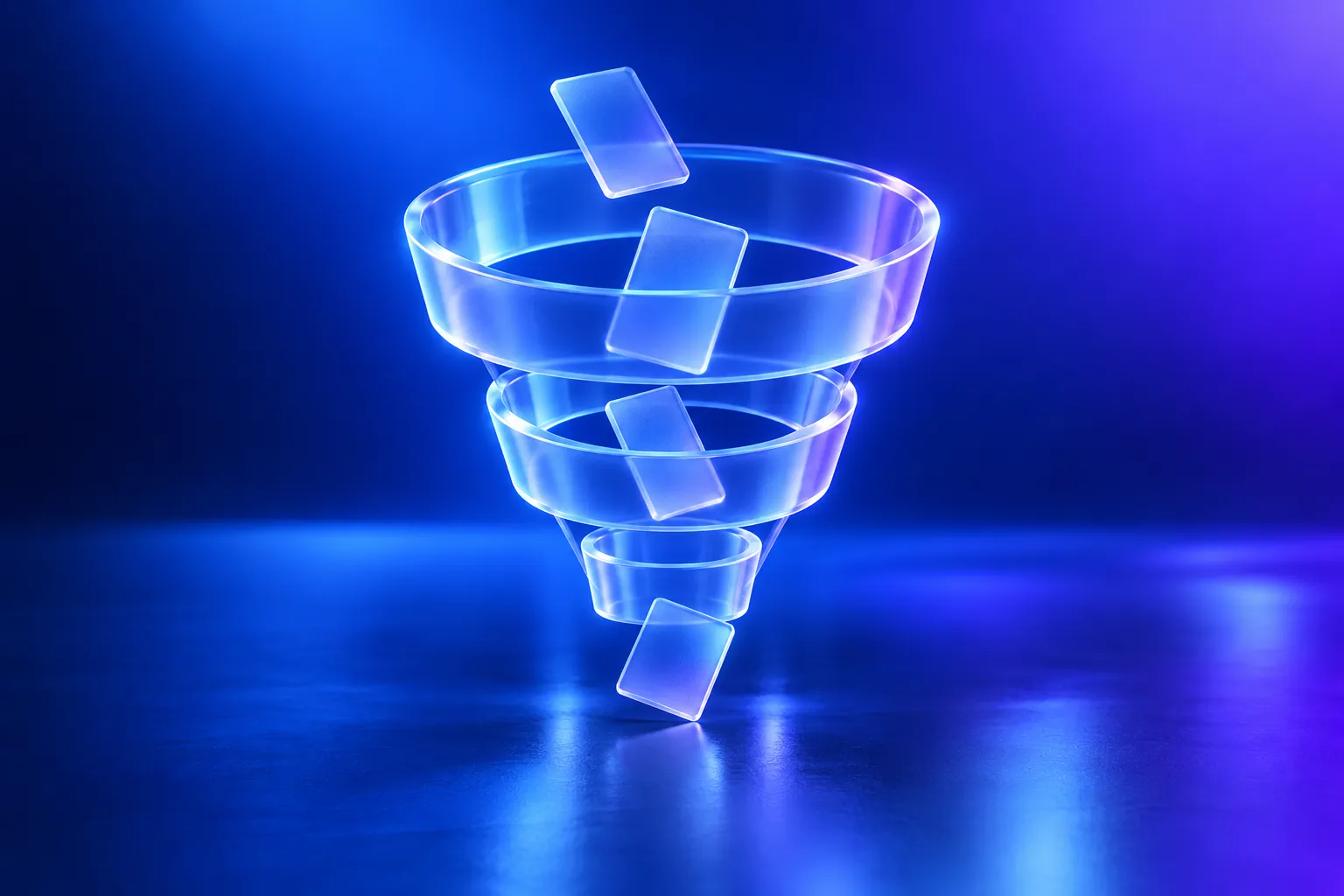 A glass funnel of three rings with glass cards falling through it