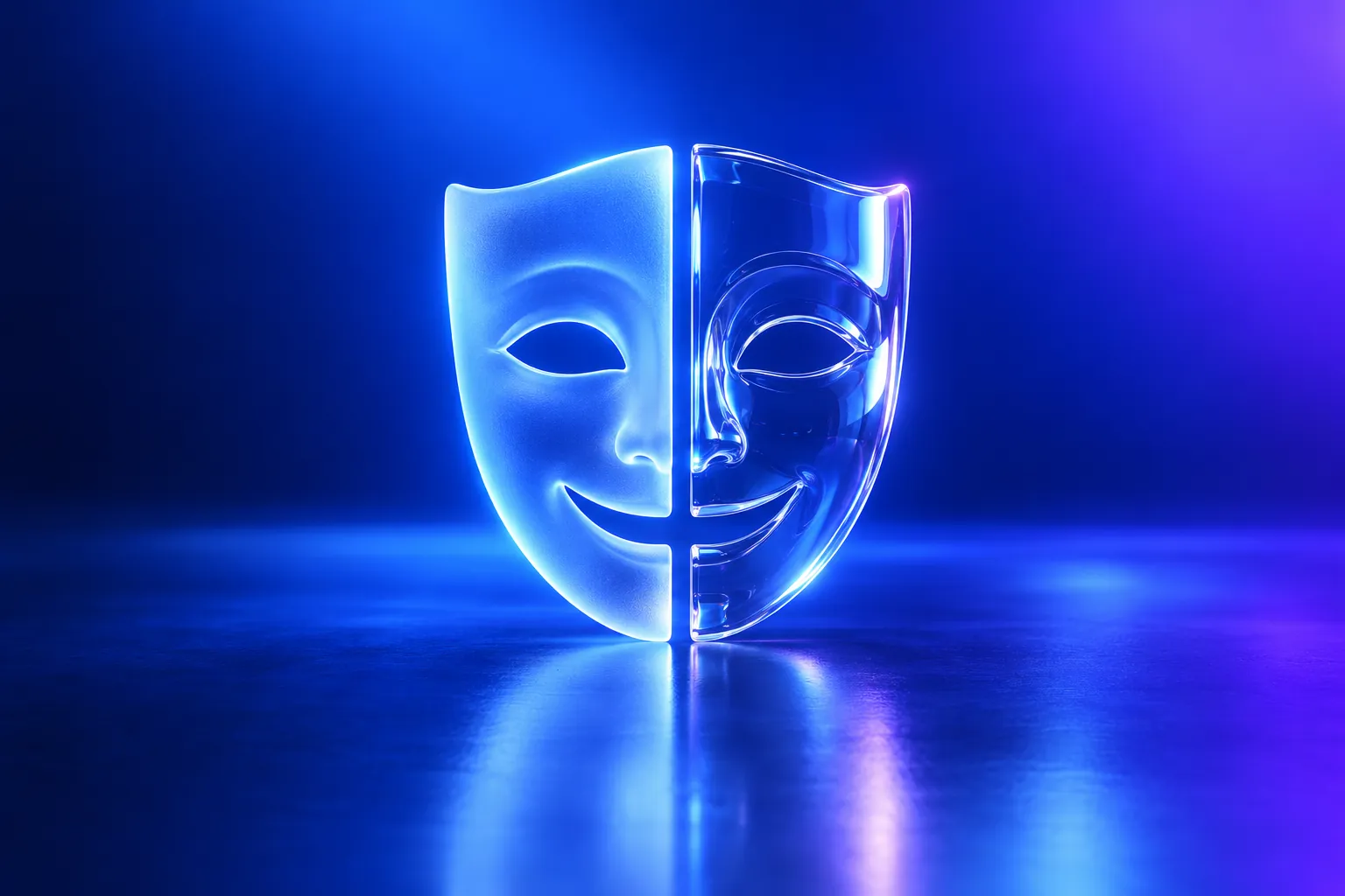 A glass theatre mask split into a frosted half and a clear half