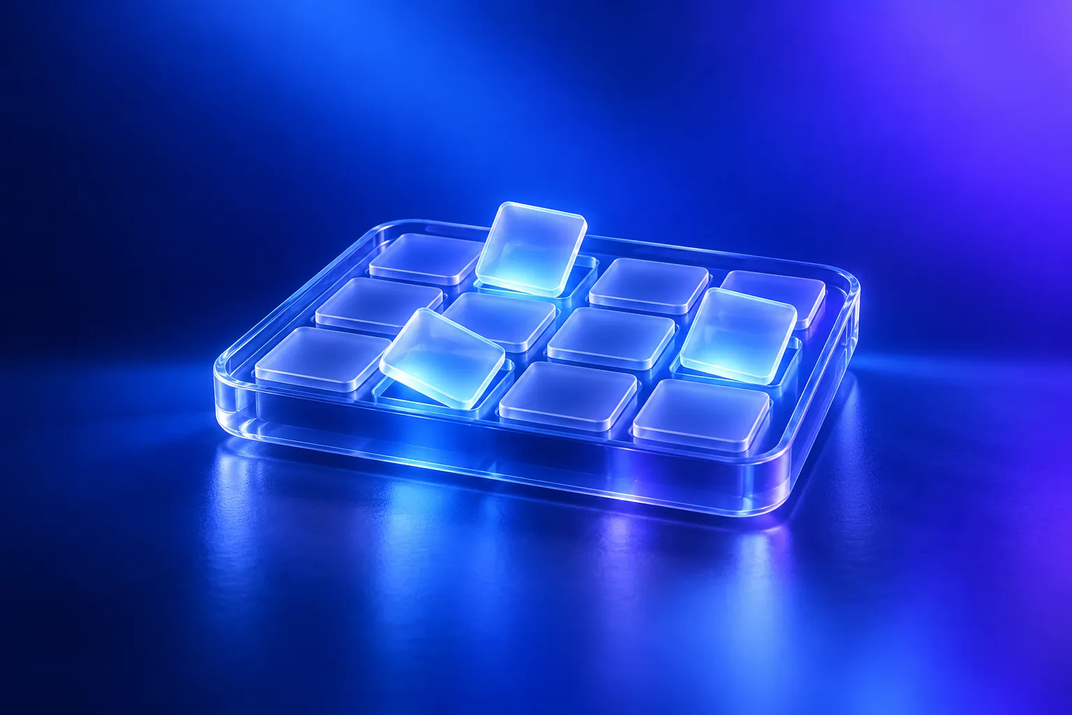 A glass tray of square tiles, a few flipped up and lit