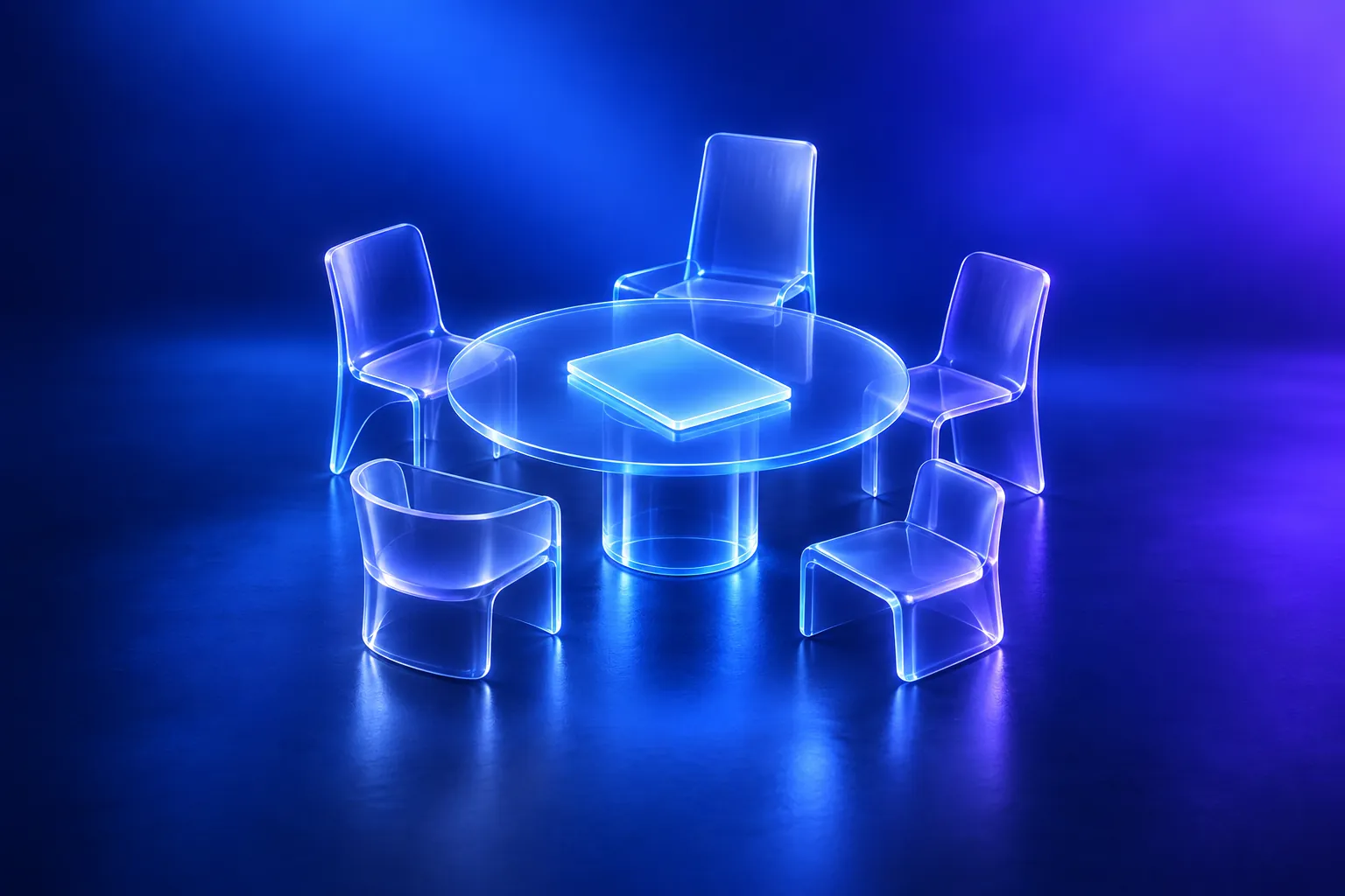 A round glass table with five chairs and one lit document
