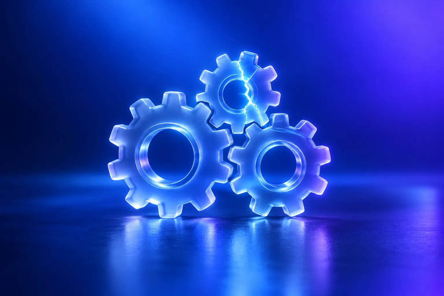 Three interlocking glass gears, the smallest one cracked