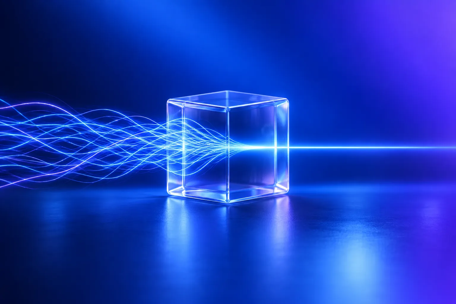 A glass cube turning tangled threads of light into one straight beam