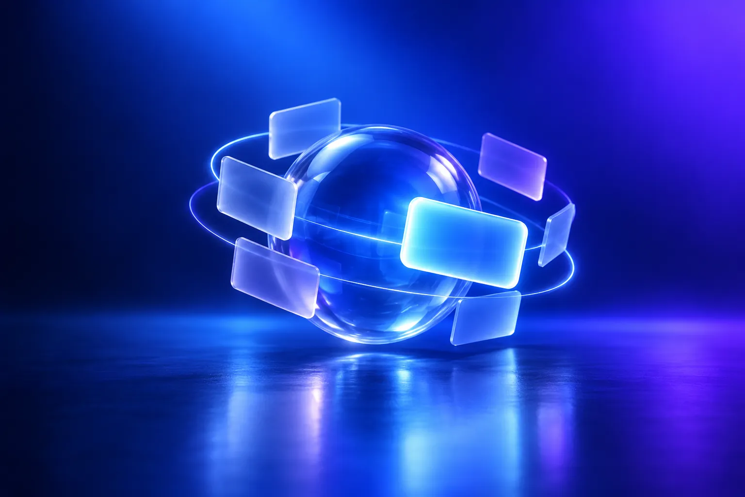 A glass sphere with small glass cards orbiting it