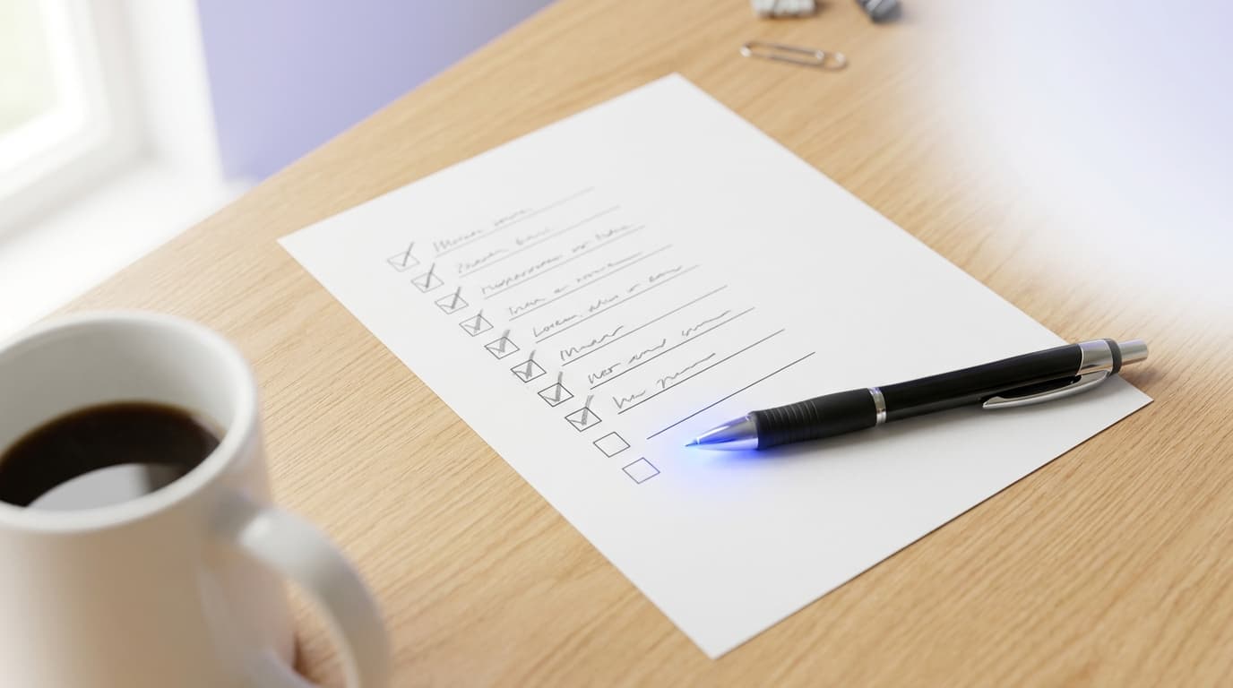 Vista superior de checklist de tarefas quase concluído sobre mesa iluminada com caneta e xícara de café desfocada.
