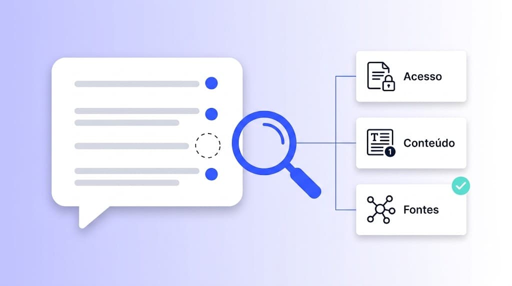 Diagrama de uma lupa investigando por que a marca falta em uma resposta de IA, com três causas possíveis: acesso, conteúdo e fontes.