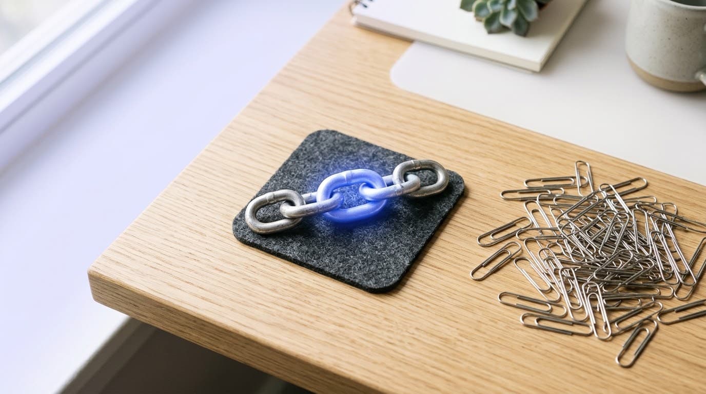 A short chain of glowing metal links beside a large pile of disconnected paper clips on a desk