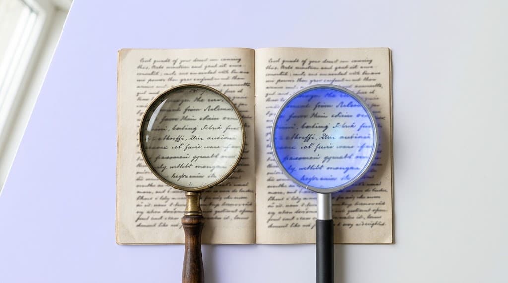 Two magnifying glasses over the same document, one plain and one glowing electric blue