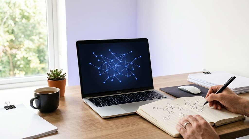 Laptop screen glowing blue with a simple network map beside a hand-drawn strategy diagram on a notebook