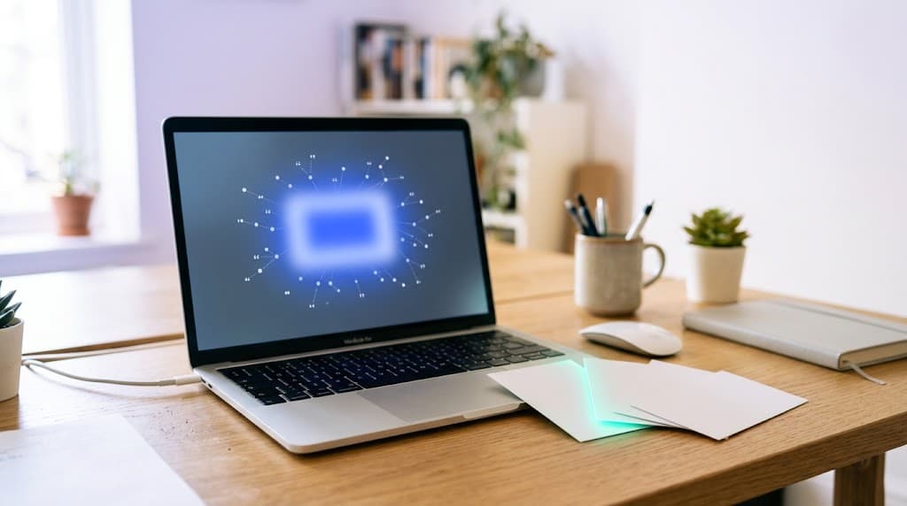 Laptop screen with glowing citation marks beside four white cards fanned out on a desk, one highlighted